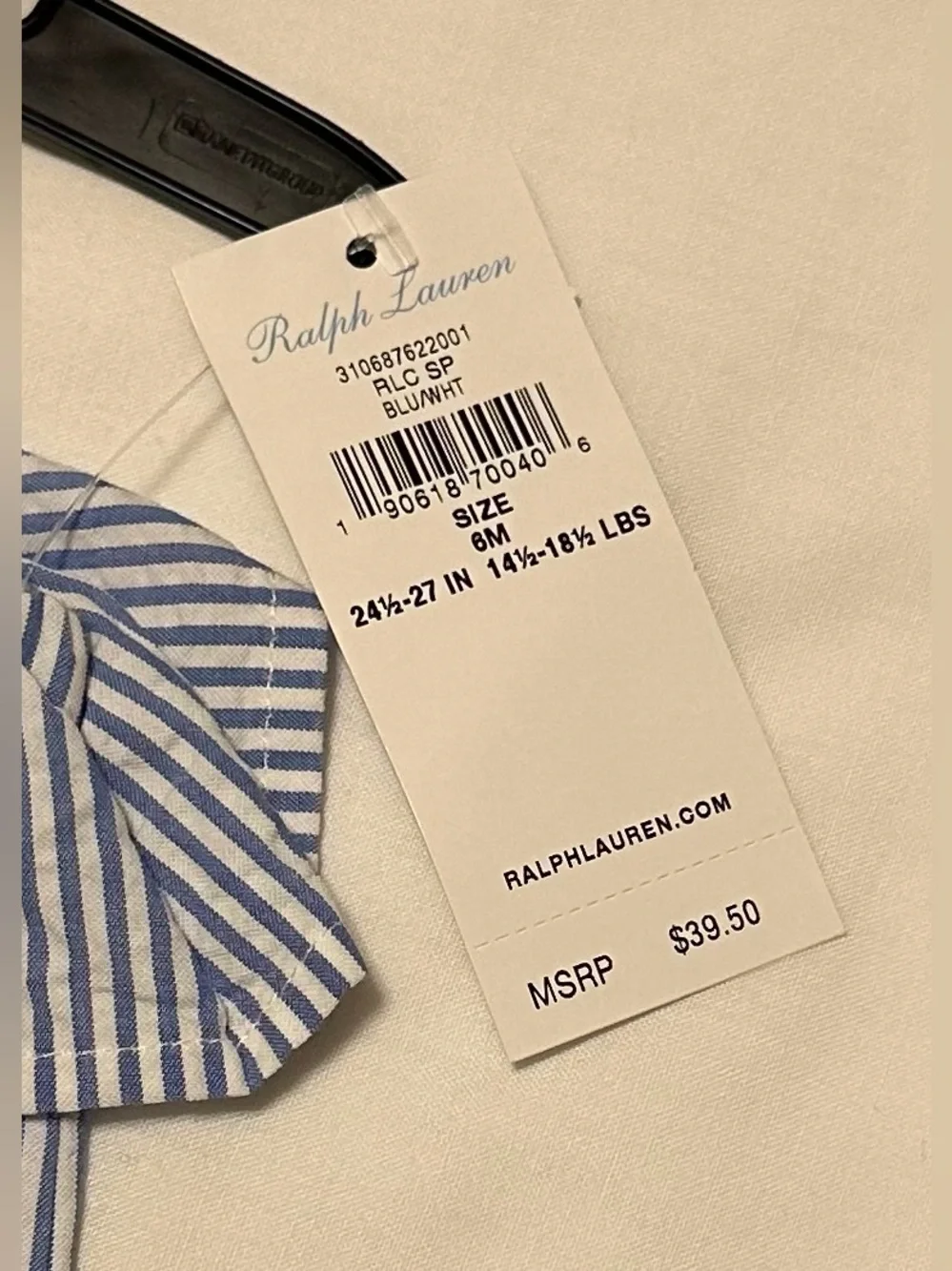 NWT Ralph Lauren Girls Blue & White Seersucker Stripe Ruffle Romper 6 Month